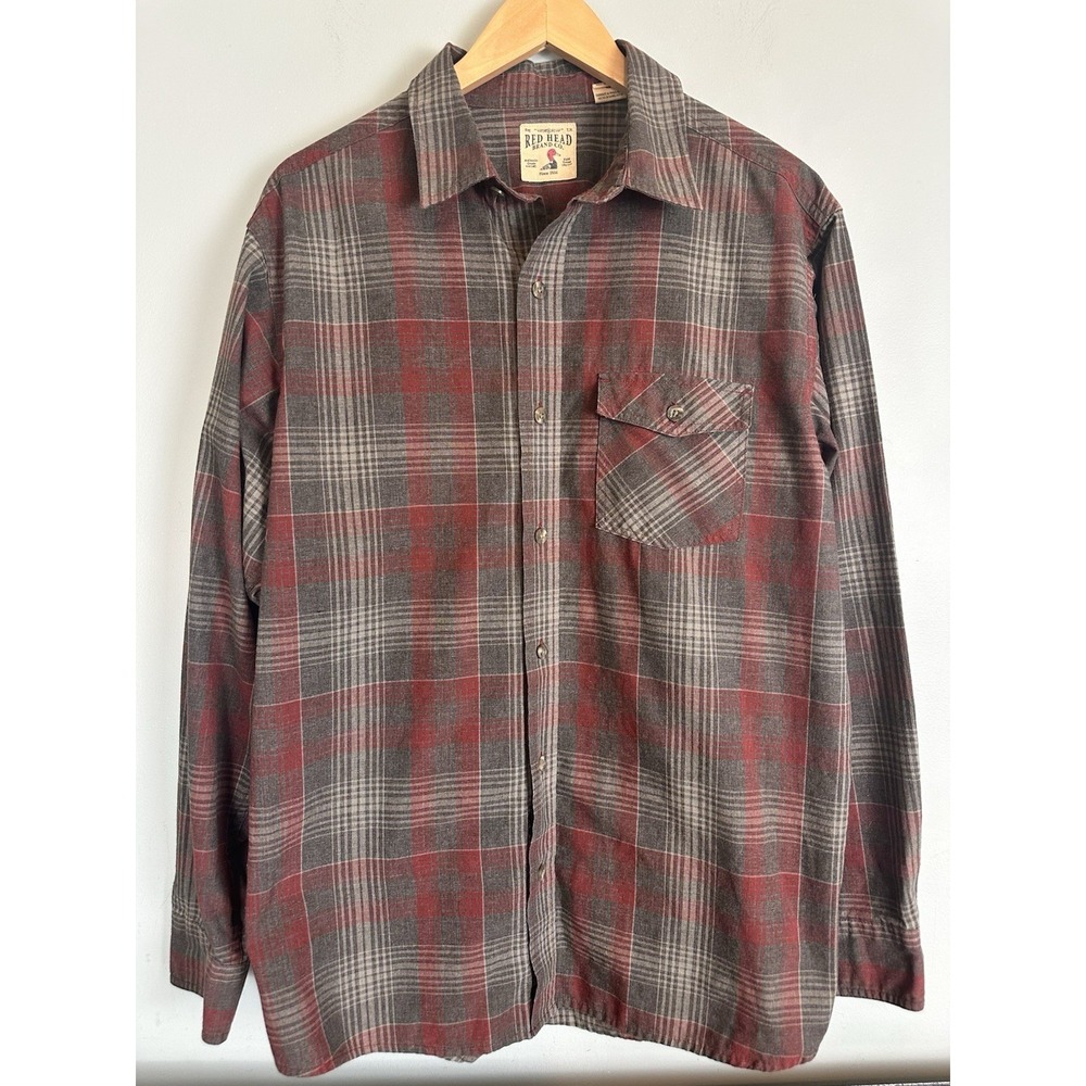 Red Head Flannel Shirt Red Gray Plaid Button Front Pocket Outdoor Men's Soft